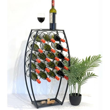Weinregal Metall Schwarz Stehend 83 cm 96640 Weinständer für 18 Flaschen Dekorativer Weinflaschenhalter in Fass-Optik Flaschenregal mit Ablage