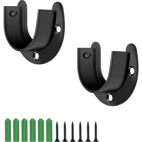 Soporte de barra de armario de acero inoxidable, soporte de barra de brida ajustable de 32 mm, 2 piezas, soportes de barra de armario negros, con tornillos, en forma de U, para cortinas o armarios. (1/4)