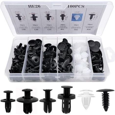 100Pcs Rivet Clips Plastique, Clips Voiture Attaches de Pare Chocs Clips à Rivets, Rivets Plastiques Fixation de Protection avec différentes formes et tailles (1/5)