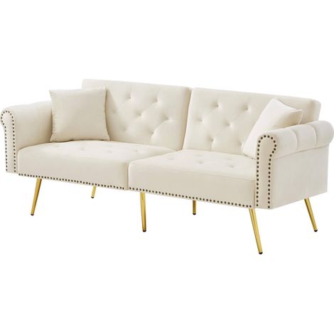 Sofá cama 2 plazas en terciopelo beige, respaldo reclinable 3 posiciones, patas doradas HOMVRA (1/5)
