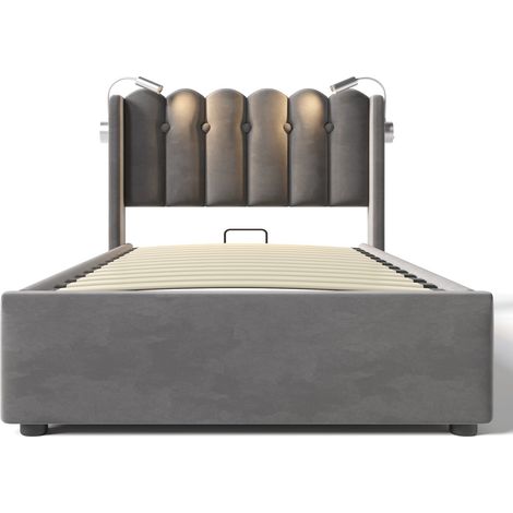 Tête de lit avec liseuse et port USB en tissu gris, dimensions 198 x 31 x 13,5 cm, HOMAIRE (1/5)