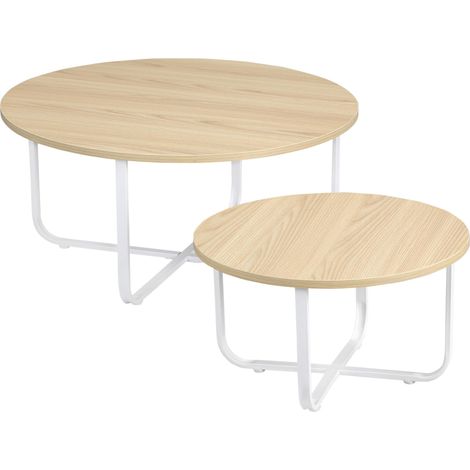Ensemble de 2 tables basses Ø65x32 cm et Ø45x26 cm avec plateau en bois et pieds en métal naturel et blanc (1/5)