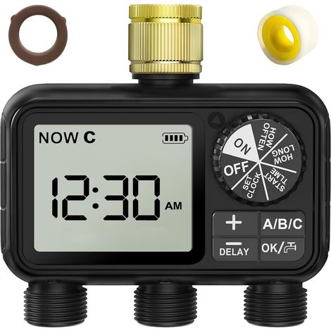 Ordinateur d'irrigation avec 3 Sorties contrôlées indépendamment, Horloge d'irrigation avec Retard de Pluie/Mode Automatique et Manuel, Grand écran LCD, minuterie de Jardin pelouse