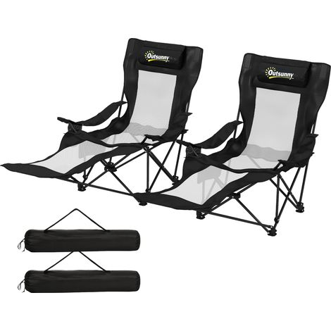 Ensemble de 2 chaises de camping pliantes et inclinables avec repose-pieds, appui-tête, porte-gobelet et sac amovibles - Noir (1/5)