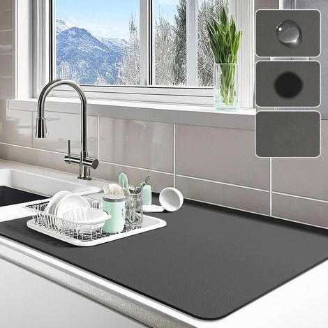 Tapis Egouttoir Vaisselle,Absorbant Tapis Evier Antidérapant Séchage Rapide Tapis égouttoir de Cuisine Tapis Machine a Cafe pour Comptoir de Cuisine, Bar, Machine à Café (Gris foncé, 30x40cm) (1/5)