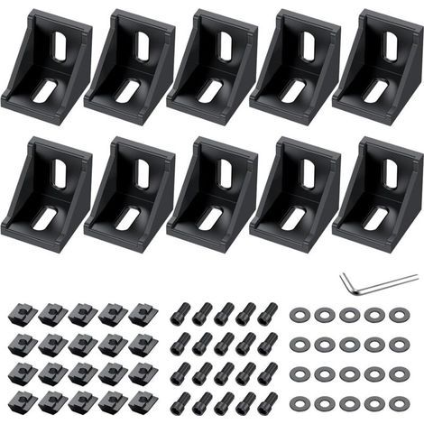 10 PCS d'angle en alliage d'aluminium noir, équerres d'angle à 90 degrés pour profilés 4040 4080, avec écrous en T, vis, rondelles et clé, pour le montage de structures industrielles (1/5)