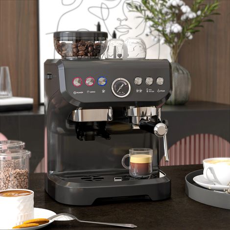 Machine à expresso 1600W avec moulin à grains, buse vapeur, pompe italienne 15 bars, réservoir d'eau 2 L, noir (1/5)