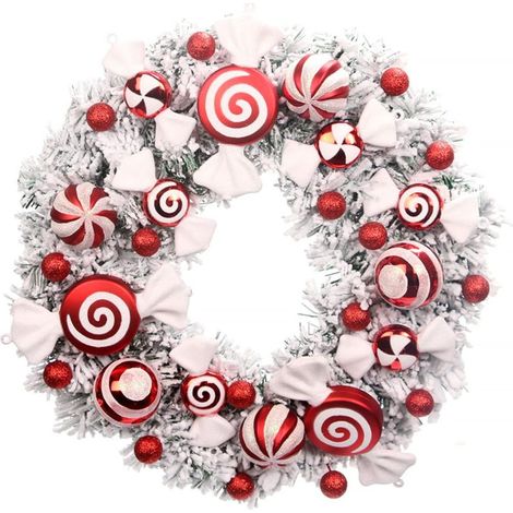 Guirnalda navideña, guirnalda navideña de 40 cm para la puerta principal, guirnalda navideña roja y blanca para la puerta con adornos de bolas, dulces, decoración navideña para la chimenea. (1/4)