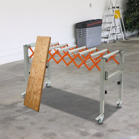 YISSALE - Table à Rouleaux Convoyeur Réglable et Extensible - Table de Convoyage Flexible, Longueur 46-130cm, Hauteur 50-80cm, Charge 50kg, 4 Roues Freinées, Fer, Argent/Orange, Raboteuse Logistique (1/5)