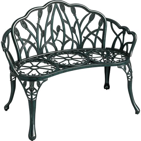 Banc de jardin - Outsunny - 2 places - dossier tulipe, assise florale - aluminium moulé -99x57x78cm - vert antique