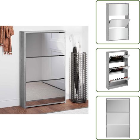 The Living Store Mueble zapatero y espejo 3 niveles gris Sonoma 63x17x102,5 cm - Mueble de almacenamiento