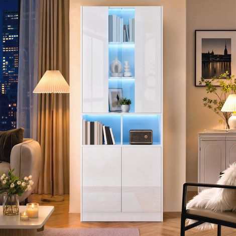 Armoire haute avec LED connectée App 70x35x180 cm - Meuble de rangement moderne à doubles portes avec vitrine en acrylique et étagères réglables pour salon - Blanc brillant (1/5)