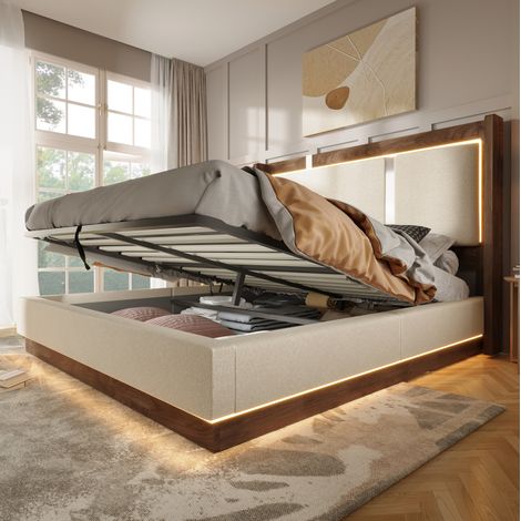 Lit coffre 180x200 LED beige lin et bois HAVRYA (1/5)