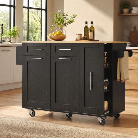 Isla de cocina 110x46x90,5 cm en MDF y metal negro, extensible, para cocina FloraGrace (1/5)