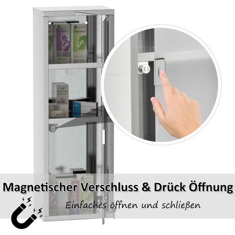Armoire à pharmacie en acier inoxydable et porte en verre trempé, rangement pour médicaments, verrouillable, 3 compartiments, trousse de premiers secours, 20 x 12 x 58 cm, argent (1/5)