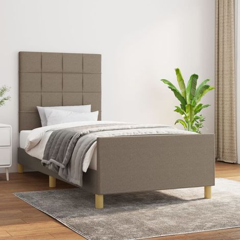 Cadre de lit taupe 90x190 cm en tissu avec tête de lit réglable, lattes en contreplaqué, sans matelas (1/5)