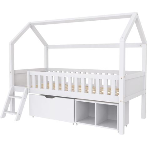 Kinder-Hausbett 90x200 cm Weiß mit Schubladen, Regalen, Leiter und Rausfallschutz (1/5)