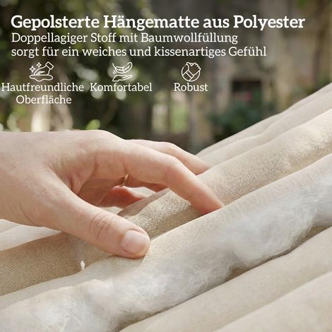 Hamac extérieur 200x140 cm, hamac double épaisseur avec coussin de tête, poche pour revues, barres d'écartement en bois, capacité jusqu'à 200 kg (1/4)