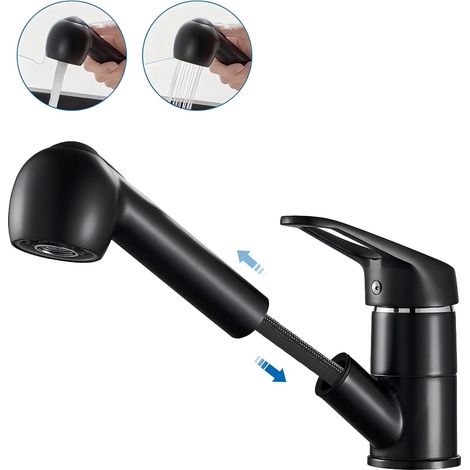 Auralum Robinet de Cuisine Noir avec 50CM Douchette Extractible Mitigeur Cuisine à 2 Jets Eau Froide et Chaude Mélangeur de Evier Cuisine