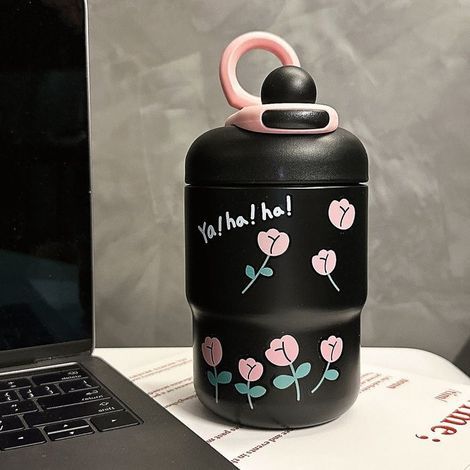 Tragbare Thermosflasche aus Edelstahl für Kaffee, Heiß- und Kaltgetränke, mit schwarzem Blumen-Bären-Design (1/4)
