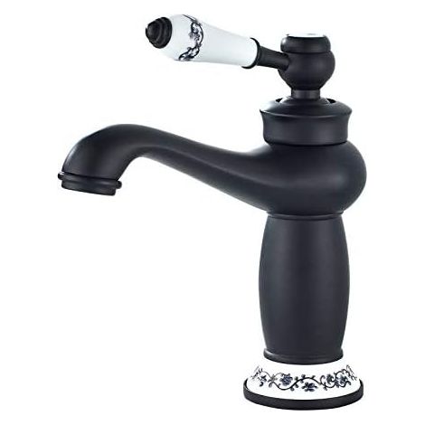 Robinet lavabo antique laiton vieilli – Poignée céramique motifs floraux vintage – Adapté lavabo bidet, décor rétro haut de gamme-Black