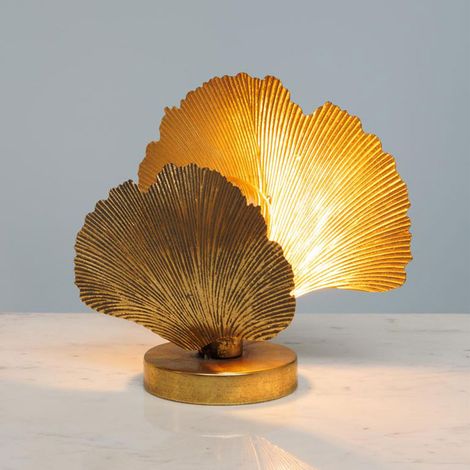 Lampe à Poser décorative 2 Feuilles Ginkgo Fer doré 15x32x33cm (1/5)
