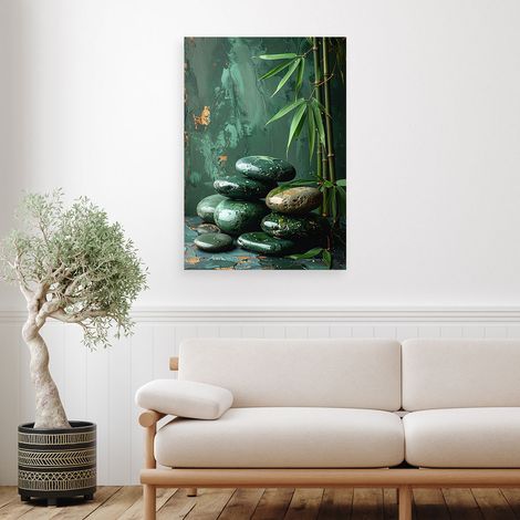 Wandbild Zen Steine Bambus auf grünem Hintergrund 40x60 (1/4)