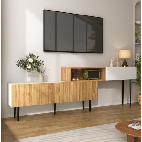 Mueble TV modular 220x30x63,4 cm en madera blanca con almacenaje para salón FloraGrace (1/5)