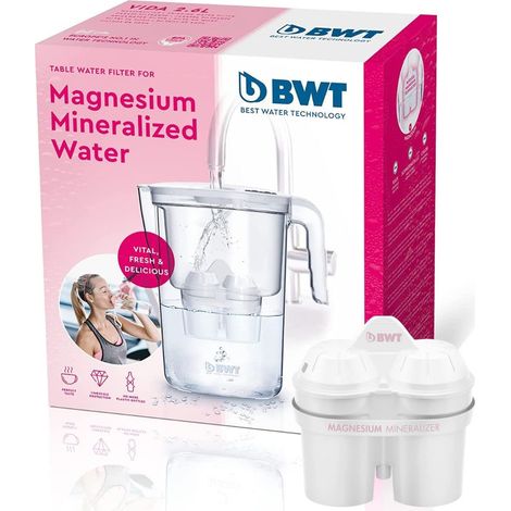 BWT Vida - Caraffa filtrante per acqua bianca, 2,6 l, riduce calce, cloro e impurità, include 1 cartuccia filtrante mineralizzata con magnesio (1/4)