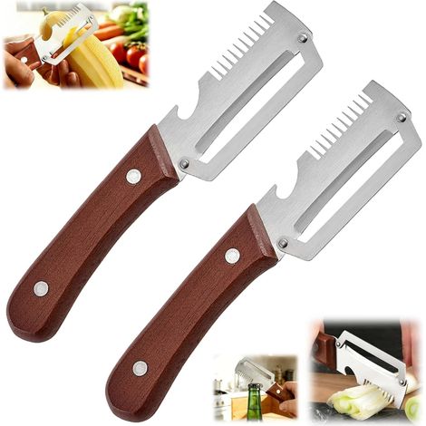 Économe Multifonction 3-en-1 (Lot de 2) – Éplucheur Légumes/Fruits avec Manche en Bois, Décapsuleur & Râpe – Pour Pommes de Terre, Ananas, Canne à Sucre, Citrouille (1/5)