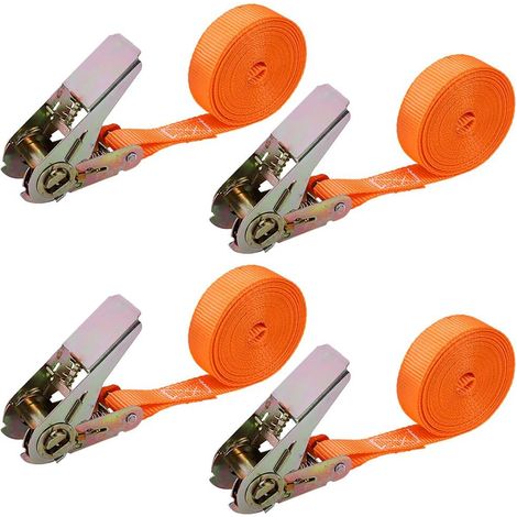 4 correas de tensión con trinquete de 2,5 cm x 2 m. Ideales para asegurar cargas en automóviles, carretillas, motocicletas, equipaje, camping y cargas fijas. (1/5)