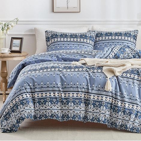 Ensemble de literie King-Size à rayures géométriques, bleu, microfibre, 230x220 cm