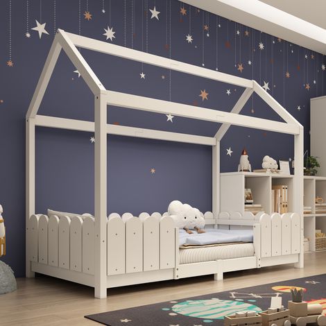 REDOM Cama infantil 90x200 cm con barandilla de seguridad, madera, blanco (Sin colchón)