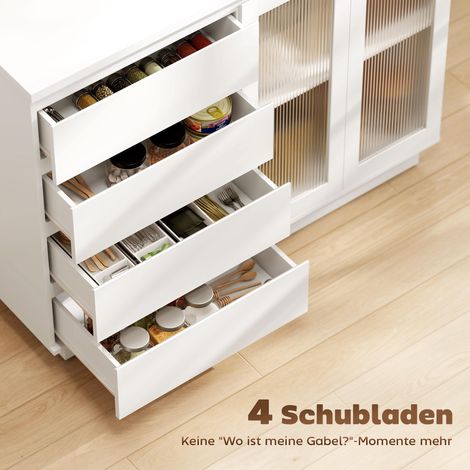 Buffet de rangement moderne avec 4 tiroirs et 2 portes vitrées, MDF blanc, meuble de salon à tiroirs (1/4)