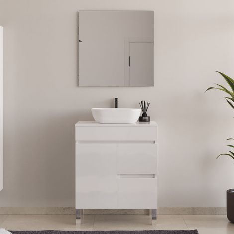 Meuble de salle de bain 60cm sur pieds avec plateau et une cuve à poser arrondie - porte et tiroirs - blanc brillant - HARO