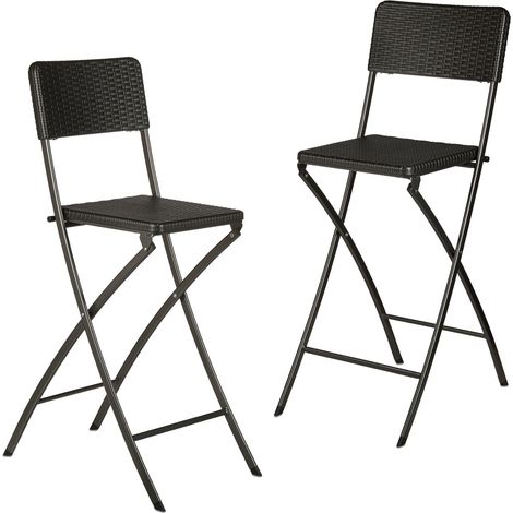 Relaxdays BASTIAN Folding Bar Stools, Rattan Look, Backrest, Bistro Chairs, Foldable, 78 cm Tall, Counter-Height, Black (1/5)