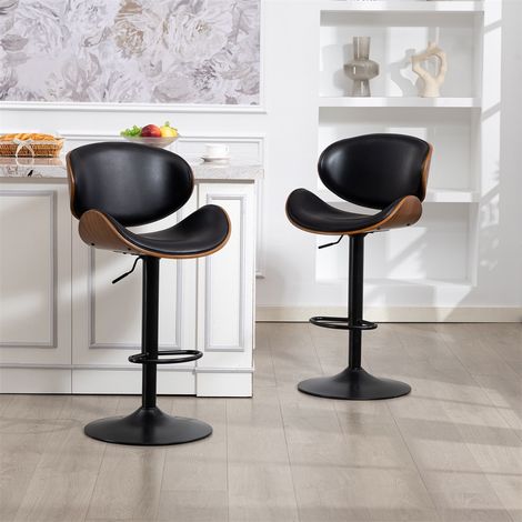 Lot de 2 Tabourets de Bar Pivotants - Hauteur Ajustable - Design Bois Courbé et Simili Cuir Noir - Ergonomique avec Repose-pieds (1/5)