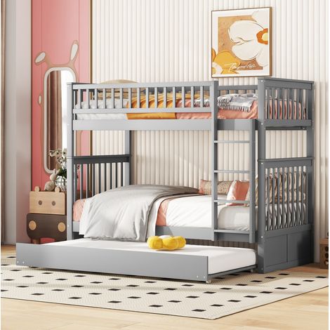 Bett Etagenbett modern aus Kiefer Grau 90x200 cm mit Ausziehbett, seitlicher Treppe und hohem Rausfallschutz (1/5)