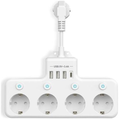 Mehrfachsteckdosen mit USB, Steckdosenleiste mit 4 Fächern und Einzelschalter, Steckdosenleiste mit 3 USB und 1 Typ C (5 V, 3,4 A) für Küche, Wohnzimmer, Schlafzimmer, Büro (1/5)