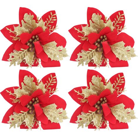 Lot de 4 fleurs artificielles pour sapin de Noël : poinsettias rouges et dorés pailletés, saupoudrés de poudre dorée. (1/5)