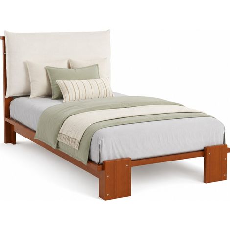 CHICFURN Cama infantil 90x200 cm marrón oscuro de madera con cabecero acolchado, sin colchón (1/5)