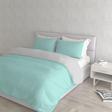 Housse de couette double-face couleur unie avec taies d'oreiller, 100 % Coton, Vert Eau/Gris Clair (1/5)