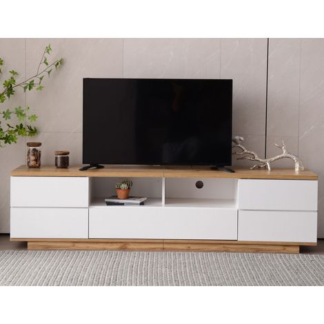 Meuble TV 180x38x46 cm, Banc TV moderne de salon avec portes style persienne, MDF scandinave buffet TV bas 5 portes, Blanc (1/5)