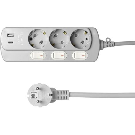 Multiprise avec USB C, 3 prises, avec commande d'interrupteur, adaptateur USB C, gris (1/5)