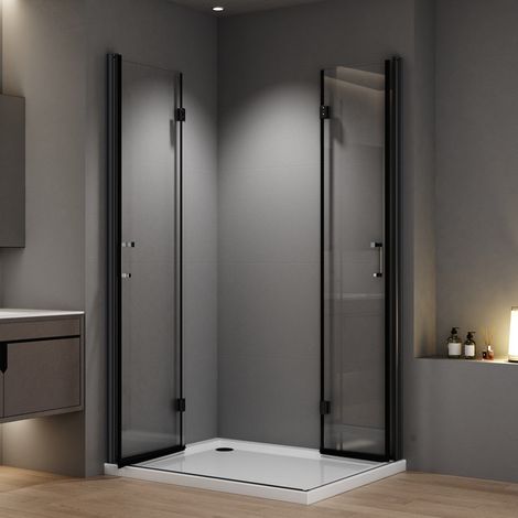WDWRITTI Duschkabinen Falttür 100x100 cm Schwarz Eckeinstieg Duschabtrennung Drehfalttür Dusche Eckdusche Falttür Duschwand aus 6mm NANO ESG Sicherheitsglas, Falttüren Höhe 195cm (1/5)