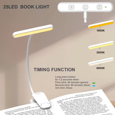 Lampe de lecture à pince 25 LED blanche, rechargeable USB‑C, 3 températures couleur 1600K‑3000K‑6000K, 5 niveaux luminosité, minuterie 30/60min (1/5)