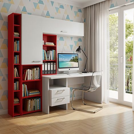 Angolo studio multifunzionale con libreria a profondità variabile e cassettiera integrata - Bianco e Rosso