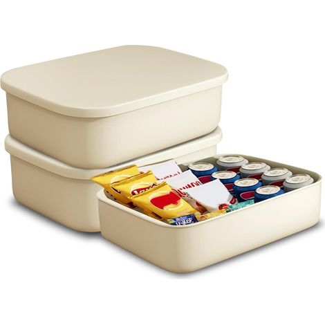 3 Pièces Boîte de Rangement avec Couvercle, Panier Rangement Plastique avec Couvercle, Bac Plastique Rangement Paniers et Boîtes de Rangement pour Placard, Bureau, Salle de Bain (Couleur Crème) (1/5)