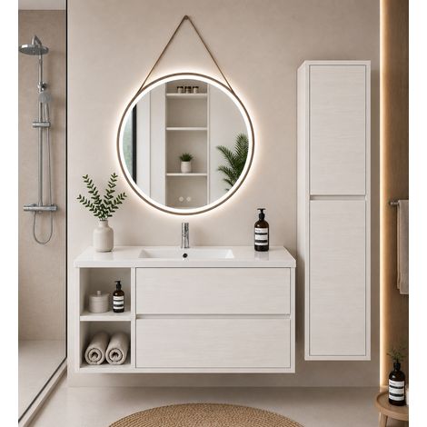 Meuble de salle de bain avec vasque ORIGENBATH ZEUS sans miroir 90x45 cm À gauche blanc nordique avec colonne