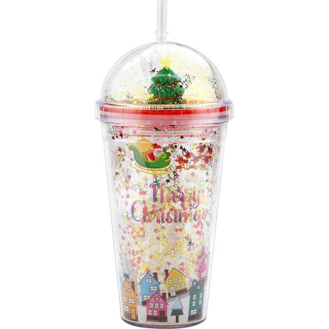 Weihnachts-Wasserbecher, 450 ml, doppelwandiger Kunststoffbecher mit Strohhalm und Deckel für kaltes Wasser, Kaffee, Saft, Smoothies (1/5)